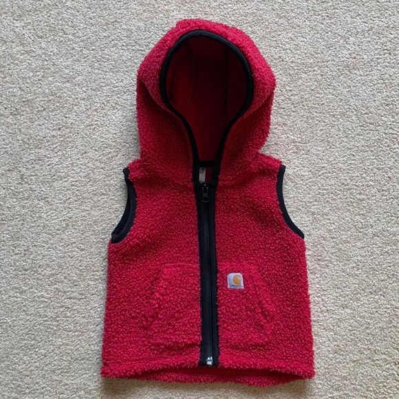 Kids Carhartt‎ Hooded Sherpa Fleece Zip Up Vest Magenta Size 9 Months - Picture 1 of 5